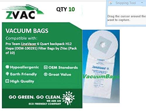 Pro Team LineVacer 6 Quart backpack H12 Hepa (Fits similar to OEM-100291) Filter Bags by ZVac (Pack of 10)