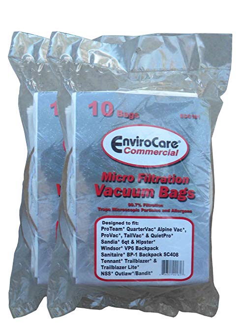 20 Commercial Vacuum Cleaner 6 QT Bag ProTeam, Allstar, Perfect, Sandia, Nobles, Windsor, 62112 Sanitaire BP-1 BackPack Model SC408 Vac, 612084, 67-9-009-1, 100431, 450227, 100564, 10-1007-6, 6-0496, PKBP10-6QT, 151802, 612084, 10-0197, 68705,