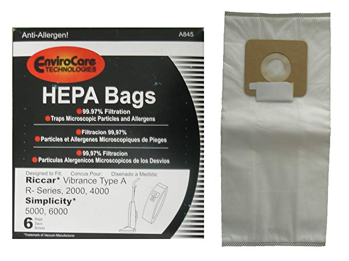 6 Riccar Vibrance Simplicity 5000, 6000 Type a Hepa Bags, Commercial, Canister Vacuum Cleaners, S6-3, S6-12, C13-6, C13H-6, 52-2402-07, R500, R600, R700, R800 R800C, R100, R200, R300, R300C 2000, 4000, 6100, 6370, 6400, 6550, 6570