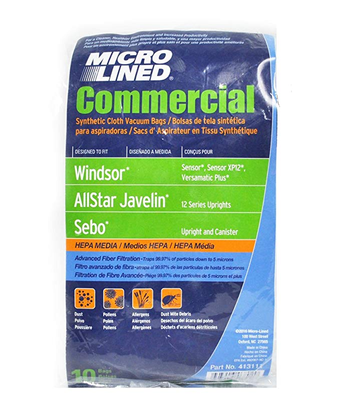 Windsor Sensor HEPA Cloth Synthetic Commercial Upright Vacuum Bags, 10 Bags.