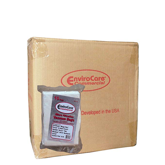 1 Case (10 pkgs) Commercial Backpack Vacuum Cleaner Bags 10 Quart, Clarke, Coach, Sandia, Windsor, Proteam, Raven, Perfect, EDIC, Windsor # 86198850 and 68005, Clarke 147109750, Proteam 100331, 450243, Sandia # 10-0006, Oreck OR1001,