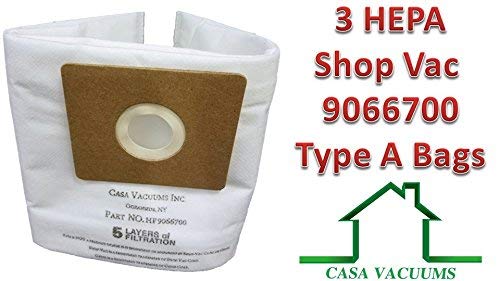 CASA VACUUMS replacement for Shop-Vac Type A HEPA FILTRATION Bags, compatible to 9066700 1.5-Gallon All Around Collection Bag, 3-Pack